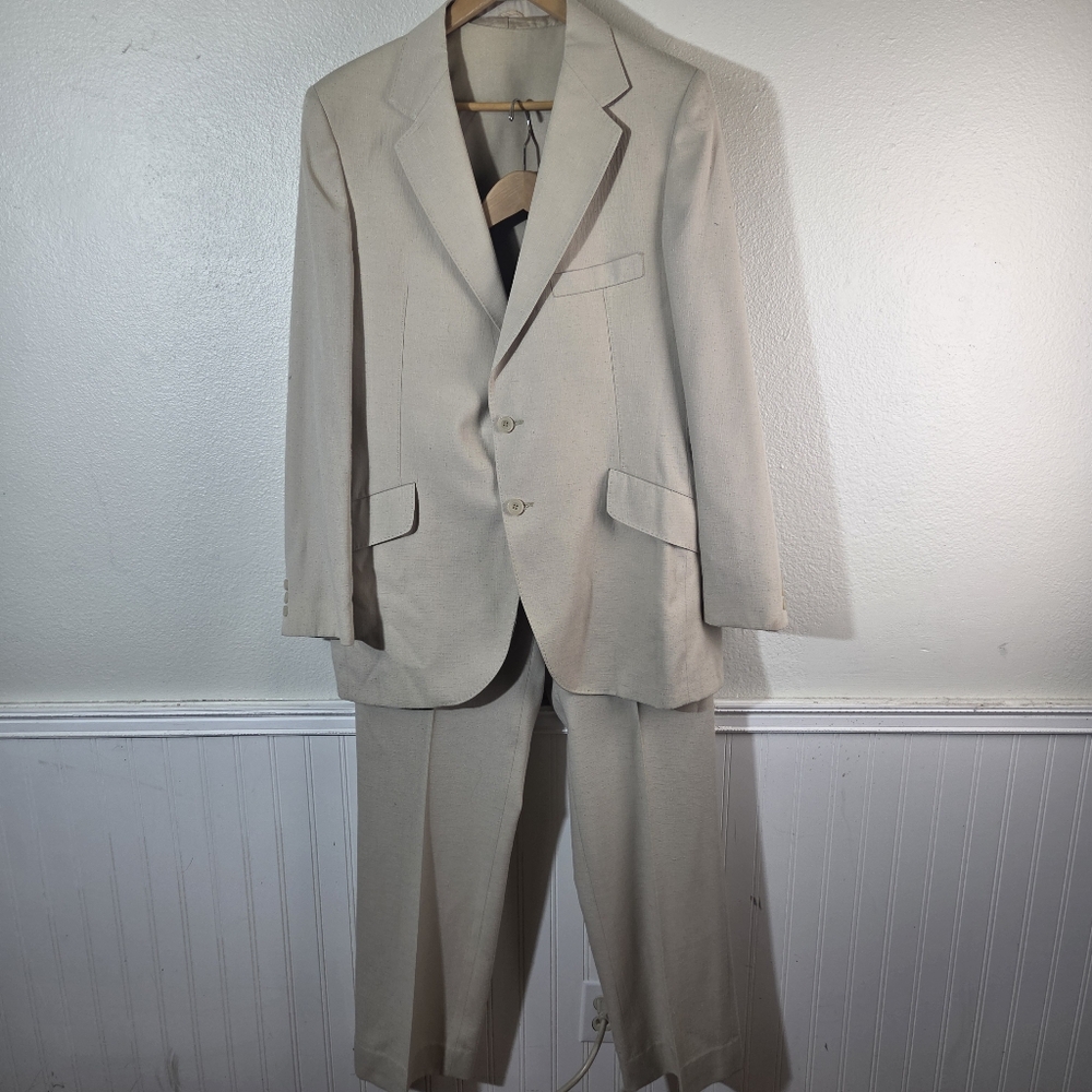 Vintage 1960s Union Made 3 Piece Suit Men’s 42L Beige USA Amalgamated ACWA